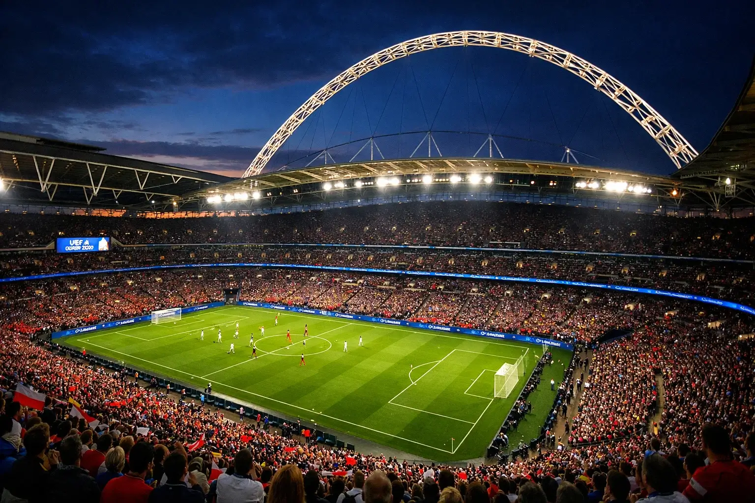 Wembley Stadium vor dem EM 2028 Finale mit Flutlicht und gefüllten Rängen