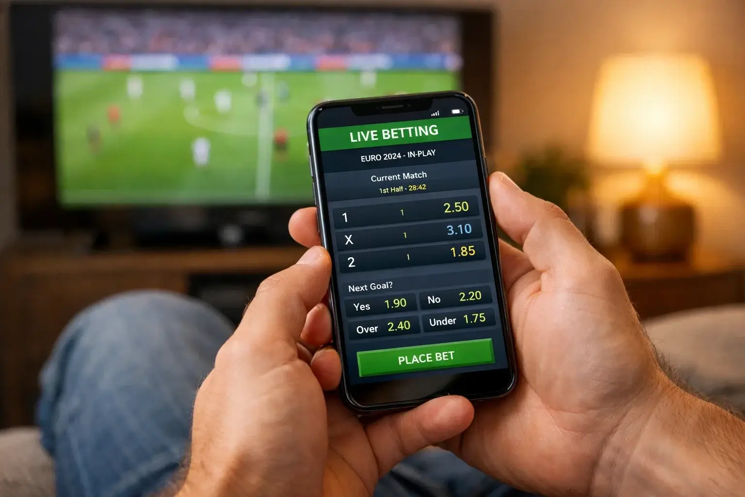 Person nutzt Sportwetten-App auf dem Smartphone während eines Fußballspiels