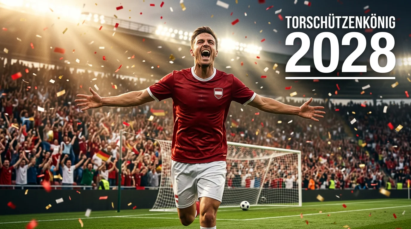 EM 2028 Torschützenkönig: Stürmer feiert Tor im Stadion