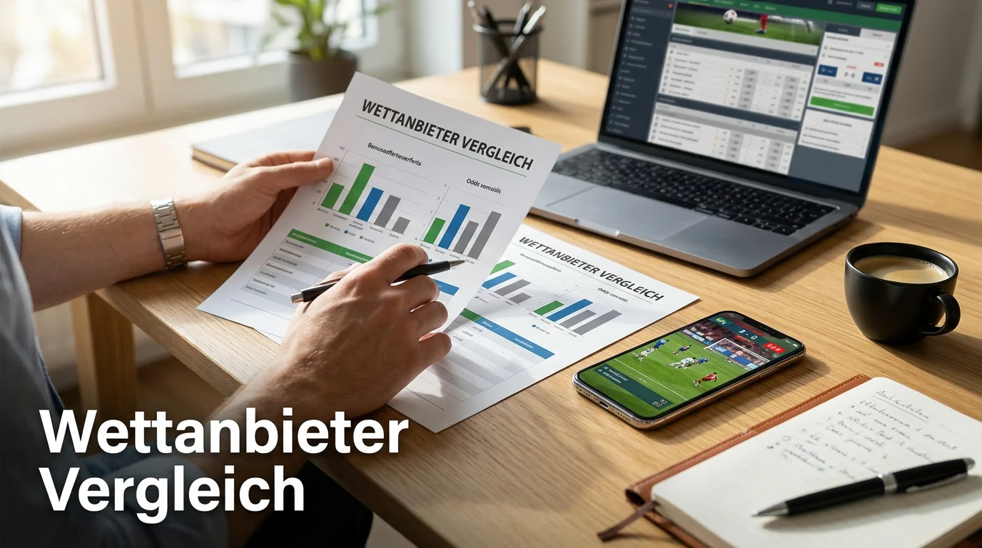 EM 2028 Wettanbieter im Vergleich: Buchmacher-Logos auf einem Schreibtisch