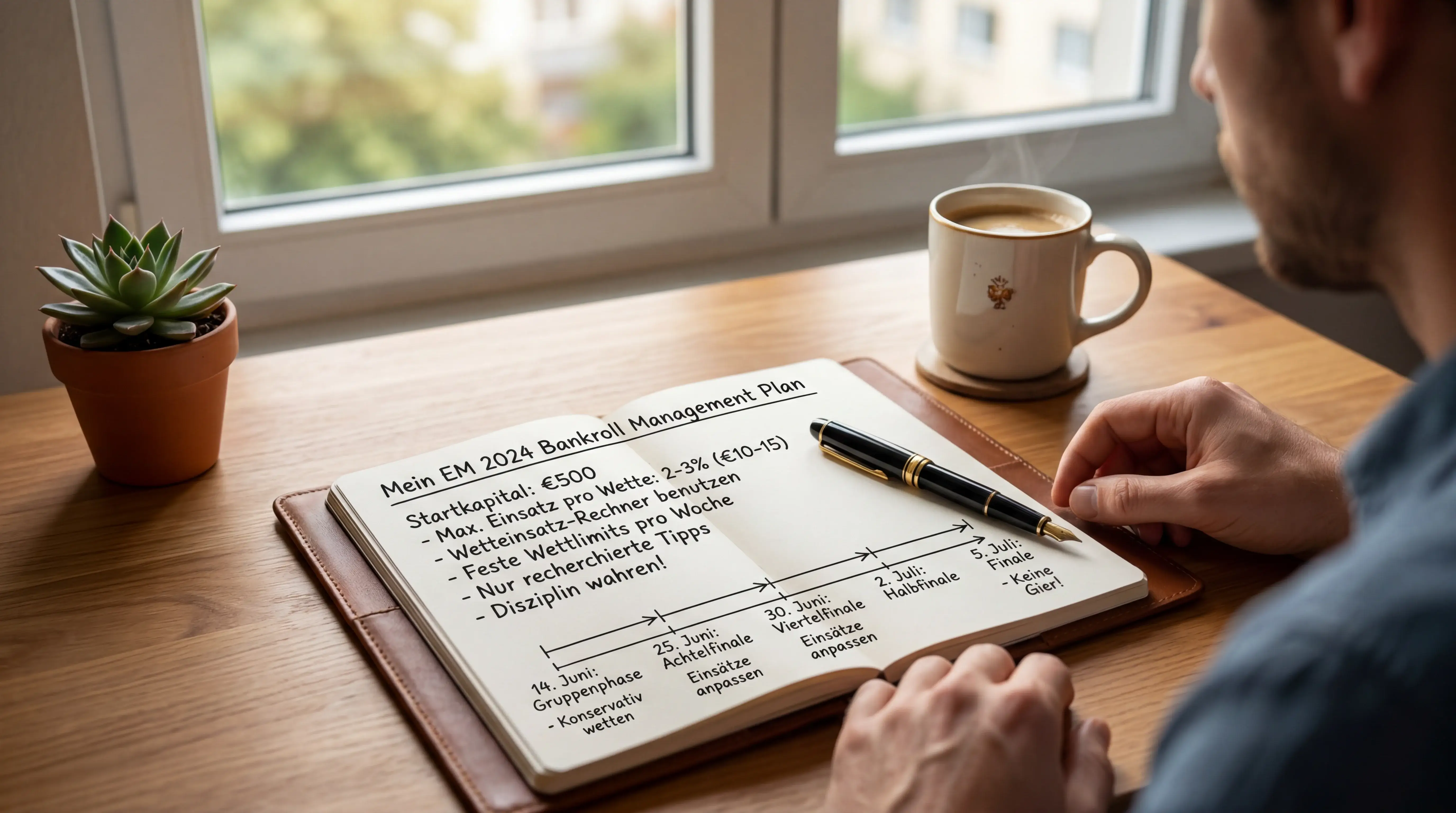 Strategische Bankroll-Planung für EM 2028 Wetten mit Notizbuch und Budget-Übersicht